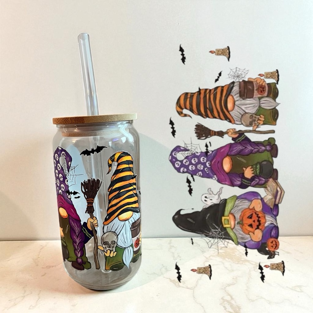 Halloween Gnomes Glass Cup with Straw & Cleaner 👻